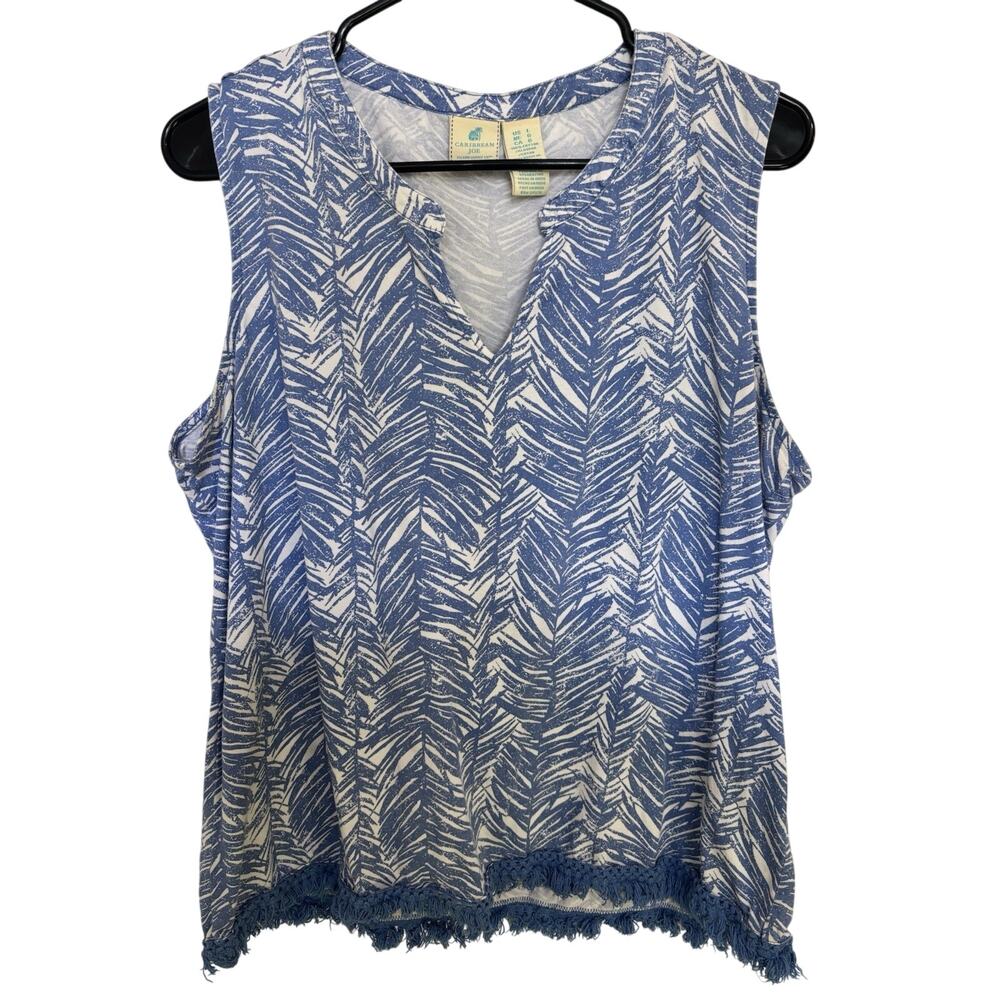 Caribbean Joe Blue Tropical Print Tank Fringe Resort Wear Coastal Large Beach